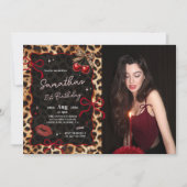 Leopard Cheetah Cherries Birthday Photo Invitation Kaart (Voorkant)