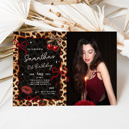 Leopard Cheetah Cherries Birthday Photo Invitation Kaart