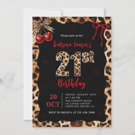Leopard Cheetah Cherry 21st Birthday Invitation Kaart (Voorkant)