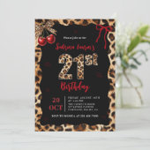 Leopard Cheetah Cherry 21st Birthday Invitation Kaart (Staand voorkant)