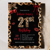 Leopard Cheetah Cherry 21st Birthday Invitation Kaart