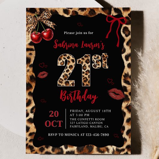 Leopard Cheetah Cherry 21st Birthday Invitation Kaart