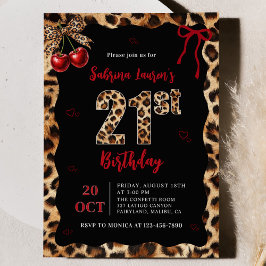 Leopard Cheetah Cherry 21st Birthday Invitation Kaart