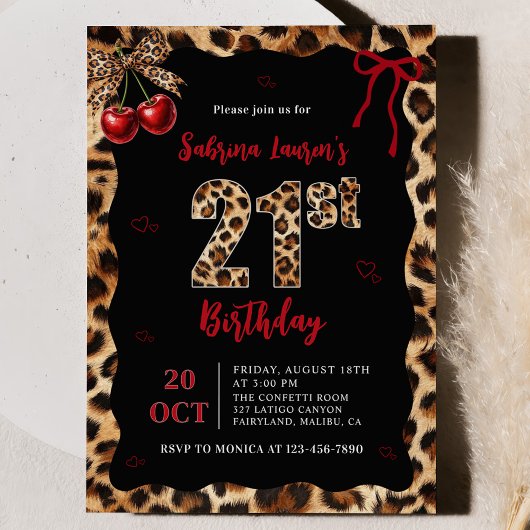 Leopard Cheetah Cherry 21st Birthday Invitation Kaart