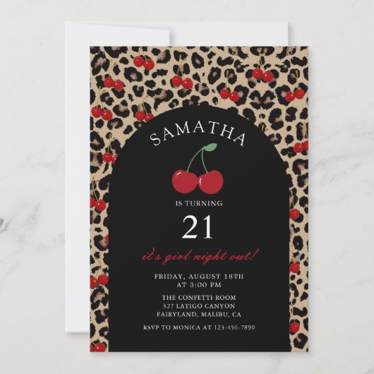 Leopard Cheetah Cherry Birthday Invitation Kaart (Voorkant)