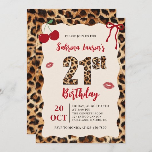 Leopard Cheetah Cherry Birthday Kaart (Voorkant / Achterkant)