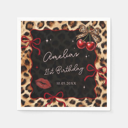 Leopard Cheetah Cherry Birthday Party Napkins Servet (Voorkant)