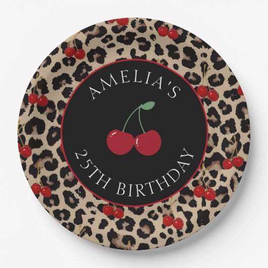 Leopard Cheetah Cherry Birthday Party Paper Plates Papieren Bordje (Voorkant)