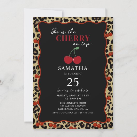 Leopard Cheetah Cherry On Top Birthday Invitation Kaart (Voorkant)