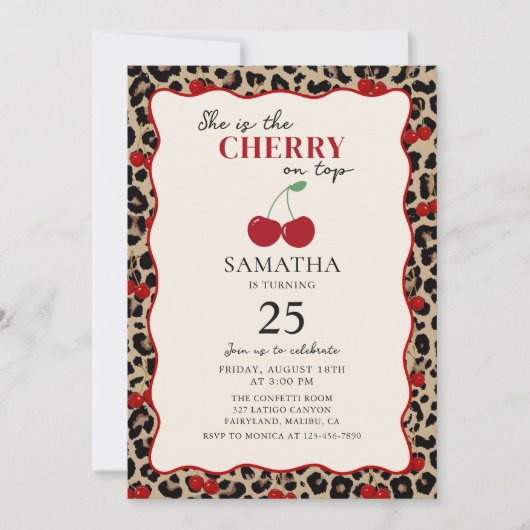 Leopard Cheetah Cherry On Top Birthday Invitation Kaart (Voorkant)