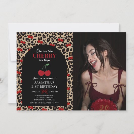 Leopard Cheetah Cherry On Top Birthday Photo Kaart (Voorkant)