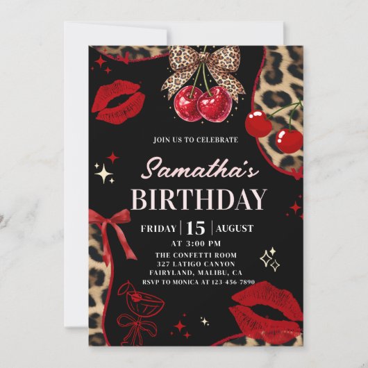 Leopard Cheetah Coquette Cherry Birthday Kaart (Voorkant)