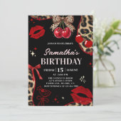 Leopard Cheetah Coquette Cherry Birthday Kaart (Staand voorkant)