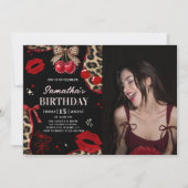 Leopard Cheetah Coquette Cherry Birthday Photo Kaart (Voorkant)