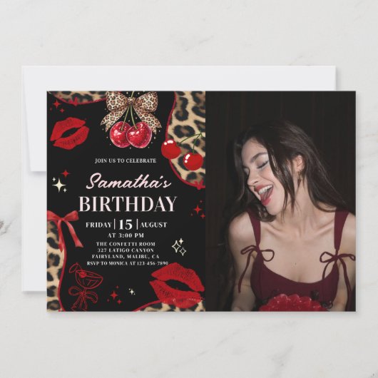 Leopard Cheetah Coquette Cherry Birthday Photo Kaart (Voorkant)