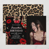 Leopard Cheetah Coquette Cherry Birthday Photo Kaart (Voorkant / Achterkant)