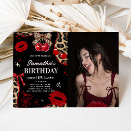 Leopard Cheetah Coquette Cherry Birthday Photo Kaart