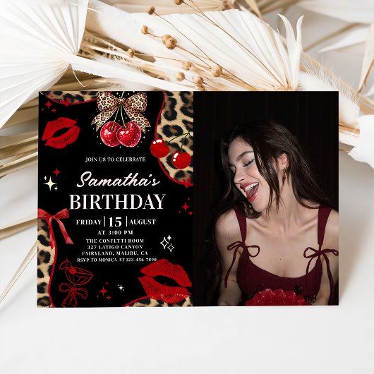 Leopard Cheetah Coquette Cherry Birthday Photo Kaart