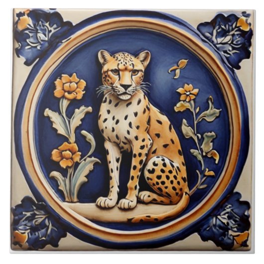 Leopard Cheetah & Flowers Donkerblauw Antiek Tegeltje (Voorkant)