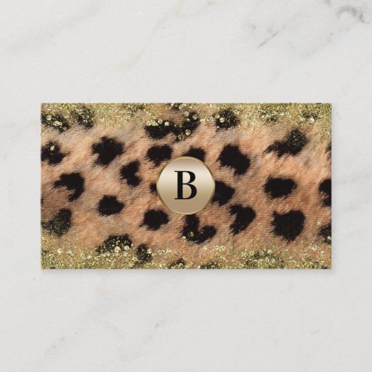 Leopard Cheetah Gold Glitter Monogram Gepersonalis Visitekaartje (Voorkant)