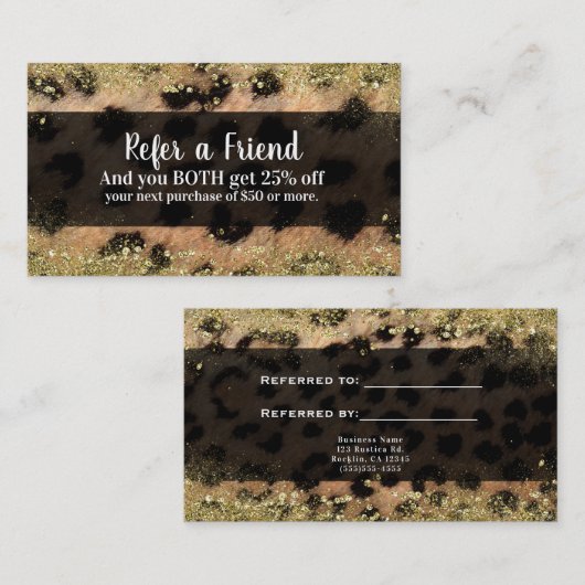 Leopard Cheetah Gold Glitter Verwijs een vriend Aanbevelingskaartje (Voorkant / Achterkant)