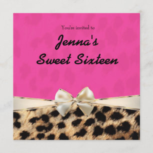 Leopard Cheetah Pink Bow Birthday Party Invitation Kaart
