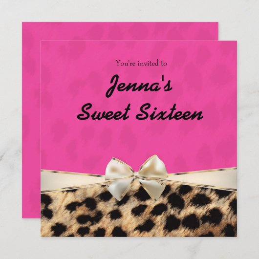 Leopard Cheetah Pink Bow Verjaardagsfeestje Uitnod Kaart (Voorkant / Achterkant)