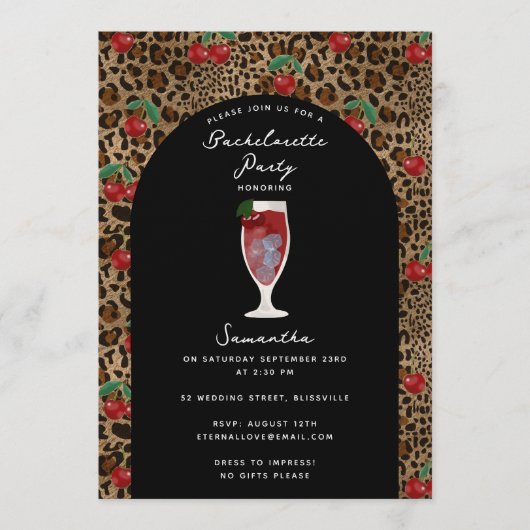 Leopard Cheetah Print Cherry Cocktail Bachelorette Kaart (Voorkant)