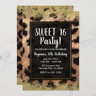 Leopard Cheetah Print Gold Glitter Birthday Party Kaart