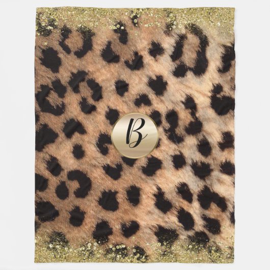 Leopard Cheetah Print Gouden Glitter Glam Monogram Fleece Deken (Voorkant)
