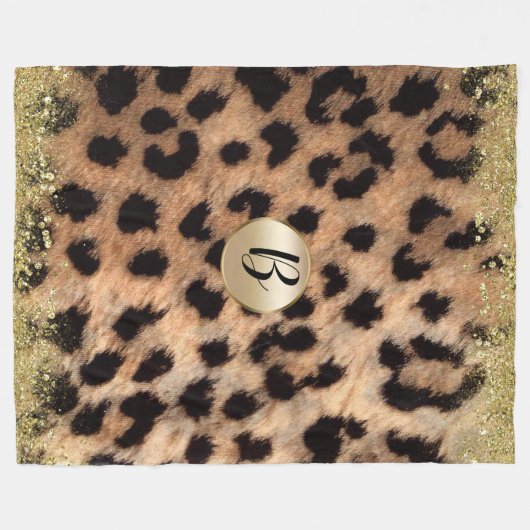Leopard Cheetah Print Gouden Glitter Glam Monogram Fleece Deken (Voorkant (Horizontaal))
