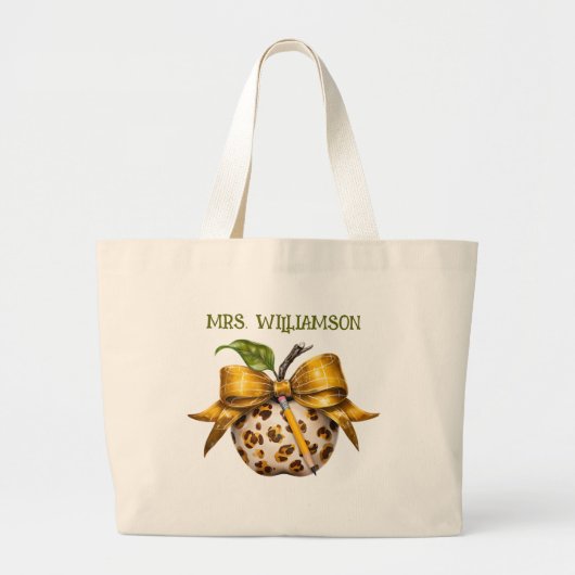 Leopard Cheetah Print Teacher's Apple Grote Tote Bag (Voorkant)