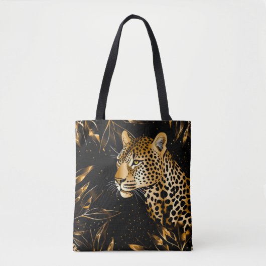 Leopard Cheetah Print Zwart Goud Oerwoud Bladeren Tote Bag (Voorkant)