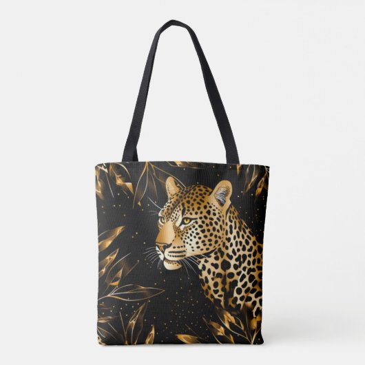 Leopard Cheetah Print Zwart Goud Oerwoud Bladeren Tote Bag (Achterkant)