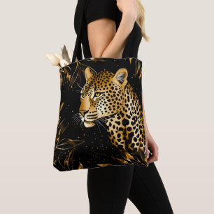 Leopard Cheetah Print Zwart Goud Oerwoud Bladeren Tote Bag