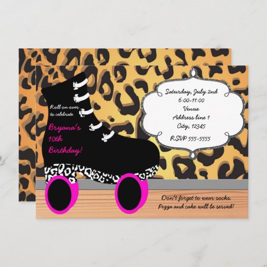 Leopard Cheetah Roller Schaats Skating Invitation Kaart (Voorkant / Achterkant)