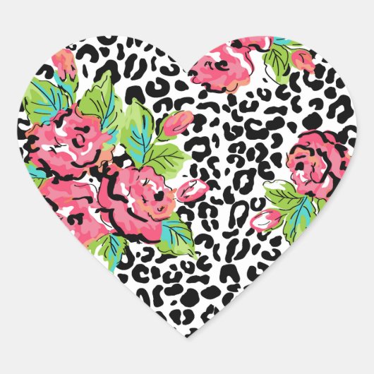 Leopard Cheetah Roos Floral Pattern Hart Sticker (Voorkant)