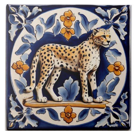 Leopard Cheetah Wild Animal Oerwoud Cat Dark Blue Tegeltje (Voorkant)