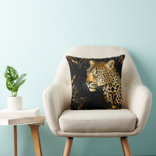 Leopard Cheetah Zwart Goud Oerwoud Safari Bladeren Kussen