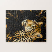 Leopard Cheetah Zwart Goud Oerwoud Safari Bladeren Legpuzzel (Horizontaal)