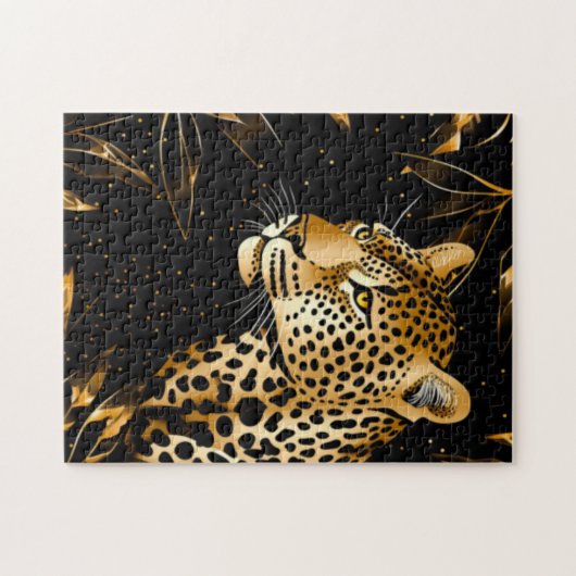 Leopard Cheetah Zwart Goud Oerwoud Safari Bladeren Legpuzzel (Horizontaal)