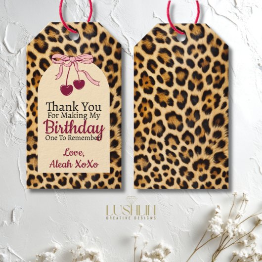 Leopard Cherry Pink Bow Birthday Cute & Glam Party Cadeaulabel