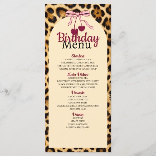 Leopard Cherry Pink Bow Birthday Menu (Voorkant)