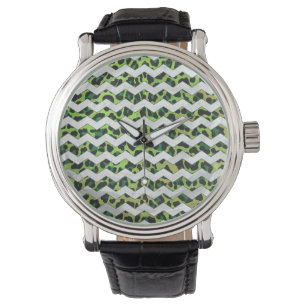 Leopard Chevron Black en Green Print Horloge
