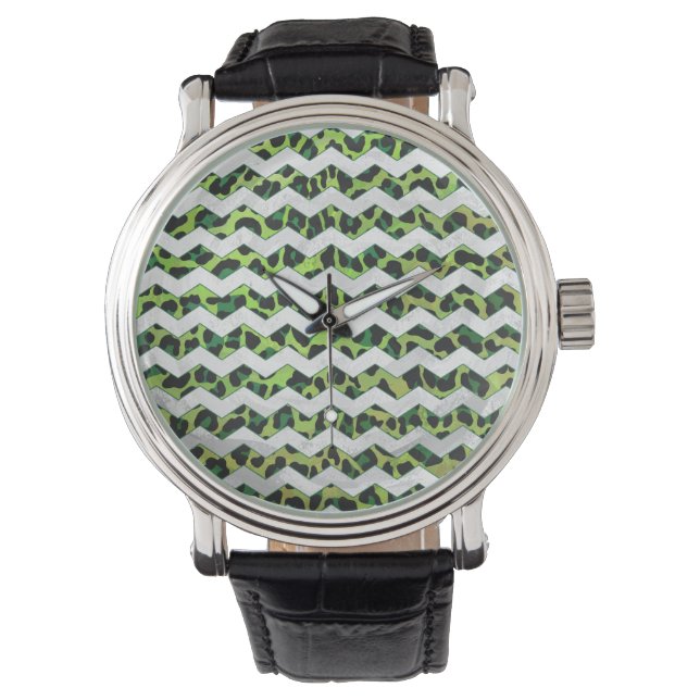Leopard Chevron Black en Green Print Horloge (Voorkant)