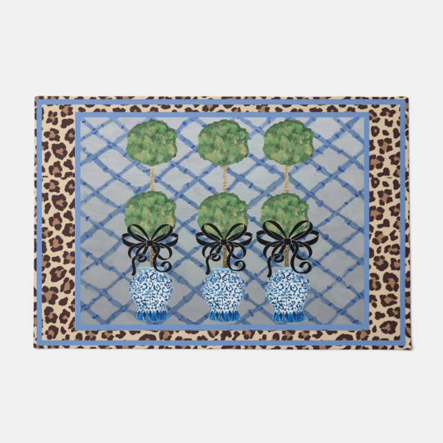 Leopard Chinoiserie Blue Ginger Jars Doormat Deurmat (Voorkant)