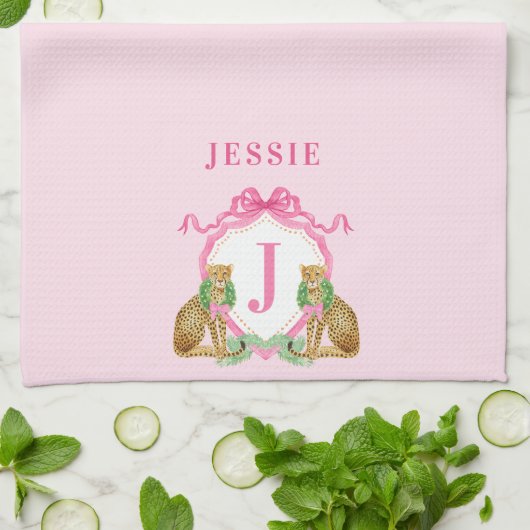 Leopard Christmas Crest Monogram With Name Theedoek (Gevouwen)