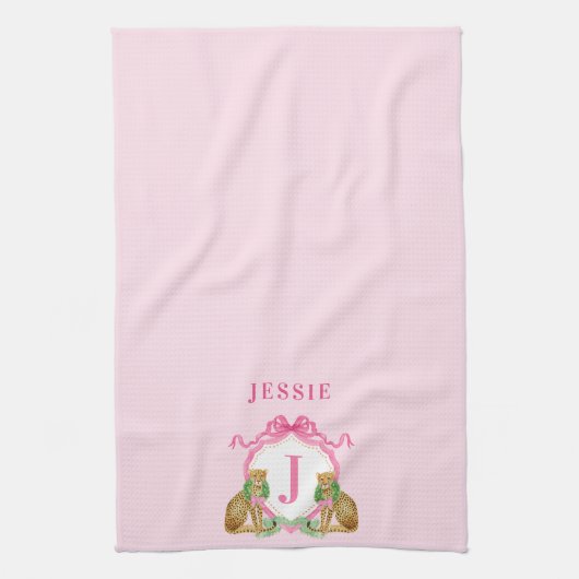 Leopard Christmas Crest Monogram With Name Theedoek (Verticaal)