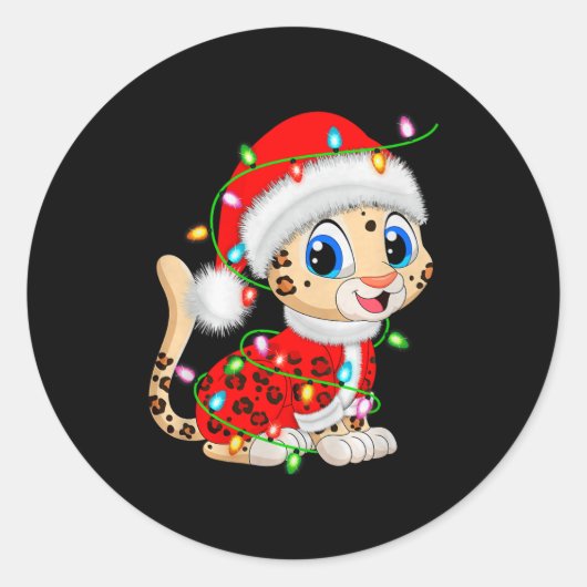 Leopard Christmas Lights Santa Costume Cute Animal Ronde Sticker (Voorkant)