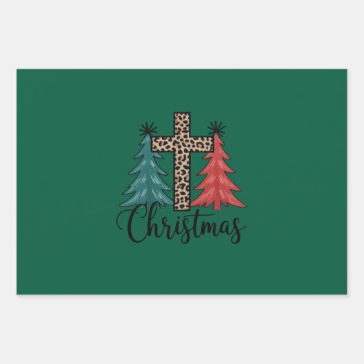 Leopard Cross kerstbomen Christelijk Inpakpapier Vel (Voorkant)